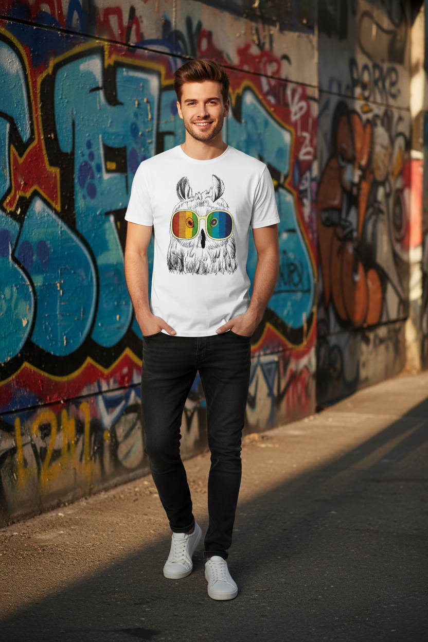 Modello che indossa la t-shirt con stampa gufo arcobaleno