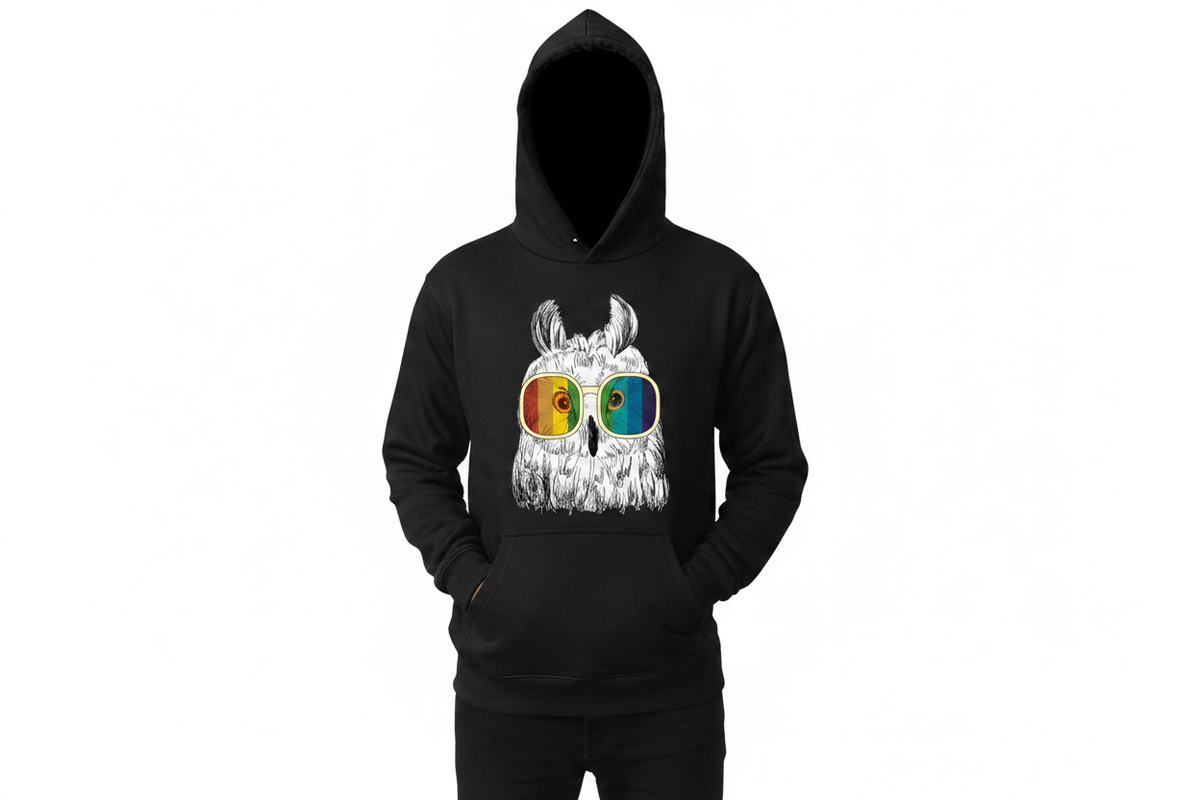 Mockup Felpa con Cappuccio Gufo Arcobaleno
